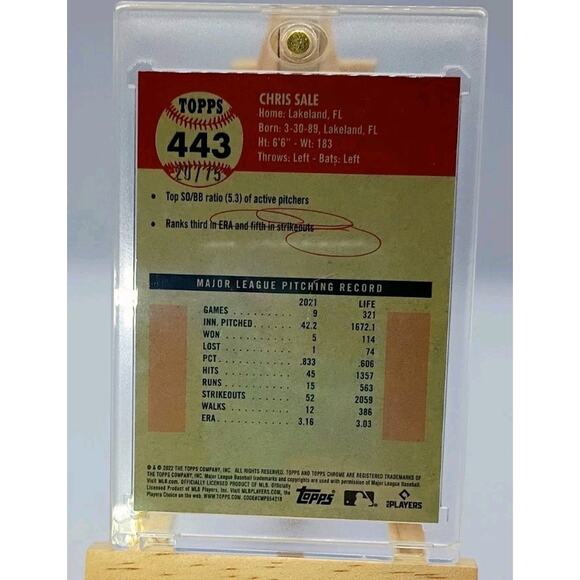 Chris Sale SSP 20/75 Topps Chrome Rose Gold Refractor #443 2022 - Picture 6 of 15